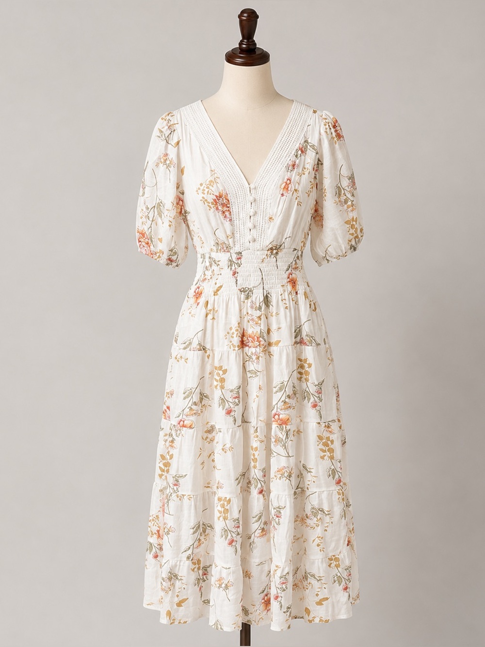 J Gee Poof Sleeve Maxi Midi Dress White Floral Button Up Boho Size Small